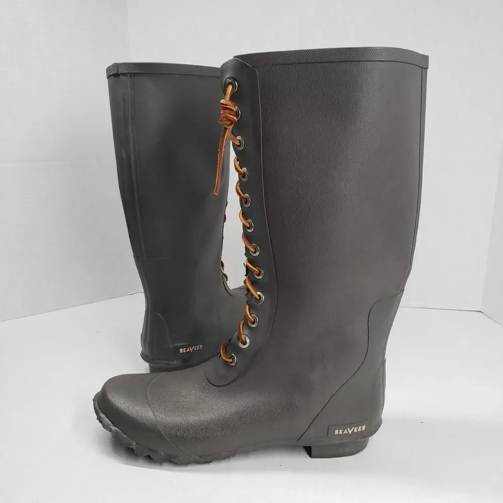 SeaVees Off Shore Tall Rubber Rain Boots Mens 10 Gray Winter Fisherman Flannel